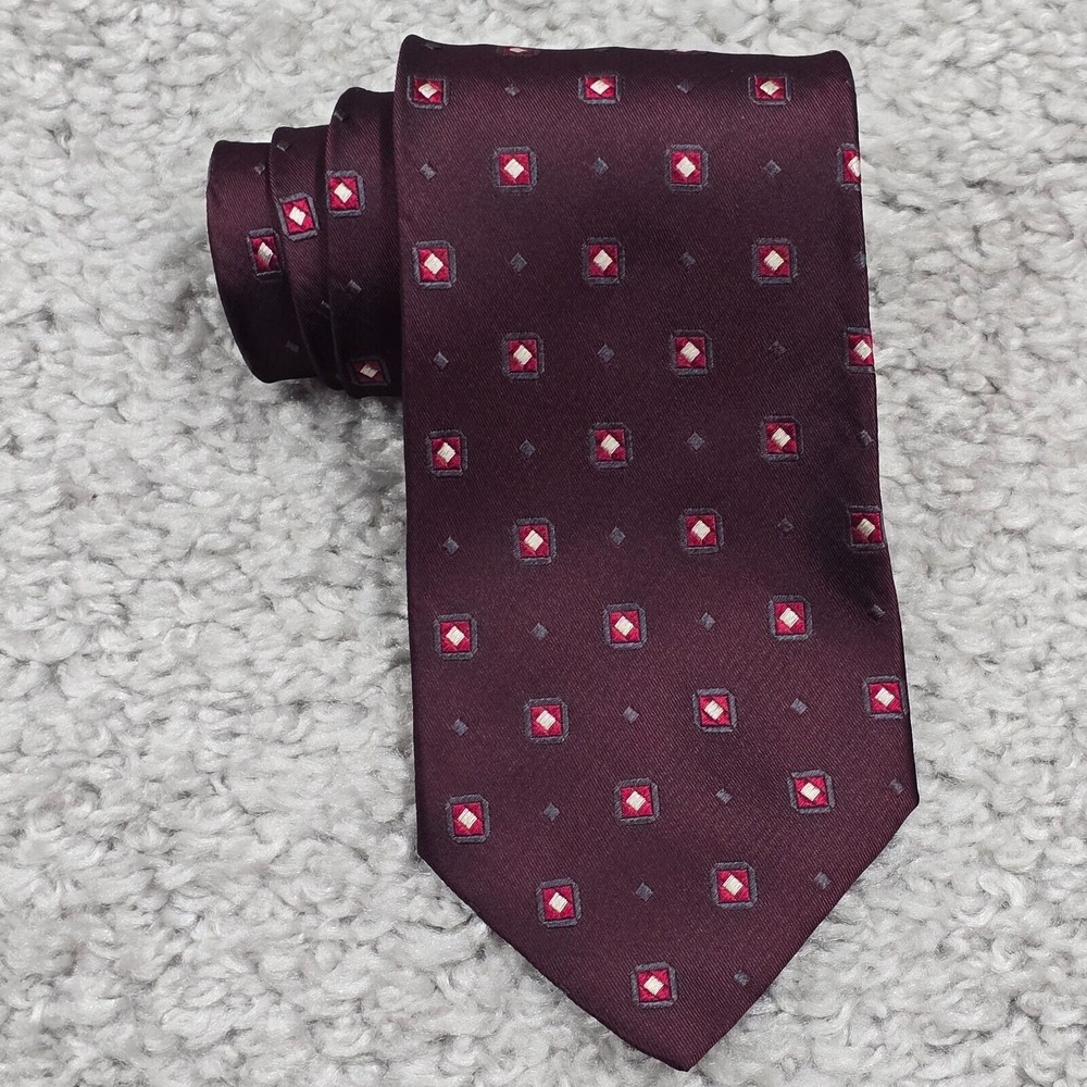 Hickey Freeman Silk Tie‎ Mens Burgundy Geometric Diamond Italy Professional